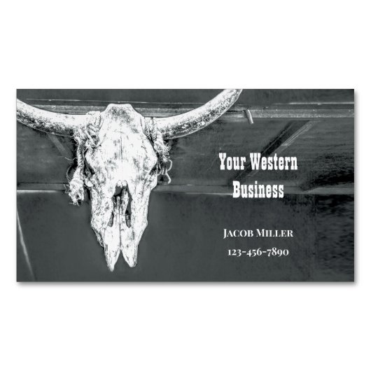 Rustic Western Charcoal Grey White Bull Cow Skull マグネット名刺 (正面)