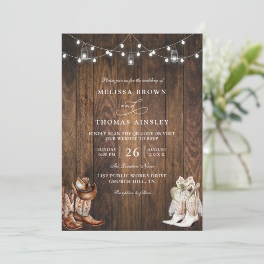 Rustic Western Country Barn QR Code Wedding 招待状 (スタンド正面)