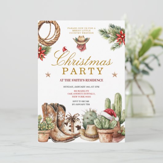 Rustic Western Cowboy Boots & Cactus Holiday  招待状 (スタンド正面)