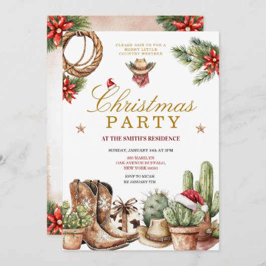 Rustic Western Cowboy Boots & Cactus Holiday  招待状 (正面/裏面)