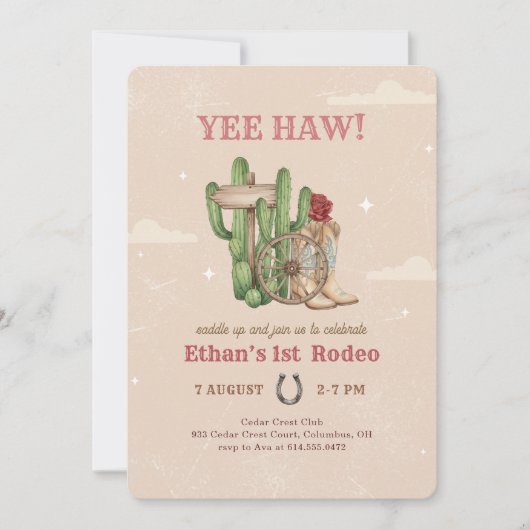 Rustic Western Cowboy First Rodeo 1st Birthday 招待状 (正面)