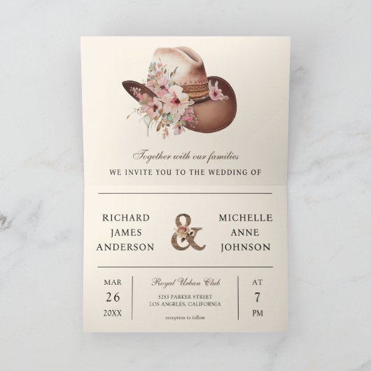 Rustic Western Cowboy Floral Hat QR Code Wedding 招待状 (内部)