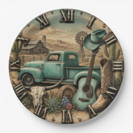 Rustic Western Cowboy Guitar & Vintage Truck ペーパープレート