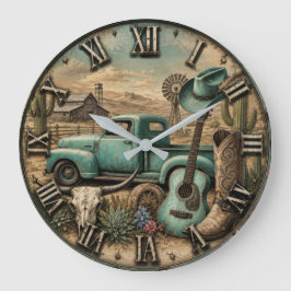 Rustic Western Cowboy Guitar & Vintage Truck ラージ壁時計