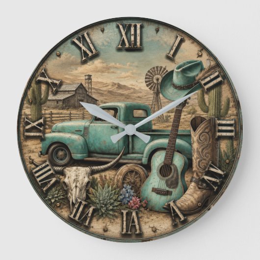 Rustic Western Cowboy Guitar & Vintage Truck ラージ壁時計 (正面)
