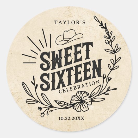Rustic Western Cowgirl Sweet Sixteen Sticker ラウンドシール (正面)