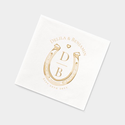 Rustic Western Horseshoe Love Monogram Wedding 箔ナプキン (左)