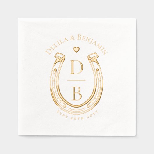 Rustic Western Horseshoe Love Monogram Wedding 箔ナプキン (正面)