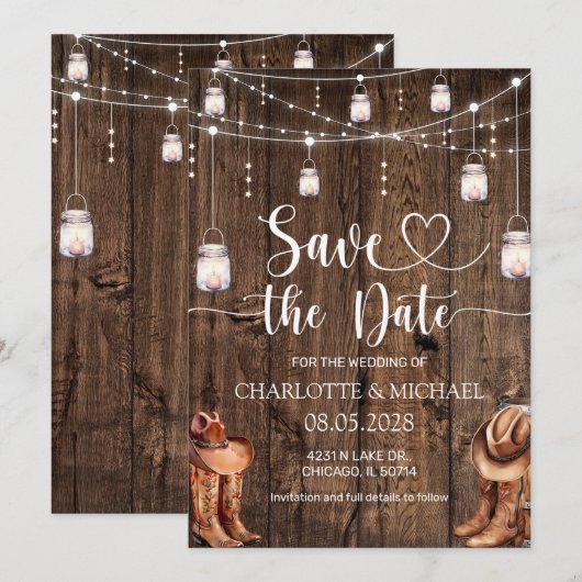 Rustic Western Save the Date Wedding 招待状 (正面/裏面)