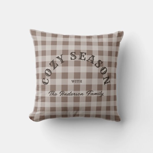 Rustic Western Script Custom Brown Gingham Pattern クッション (正面)