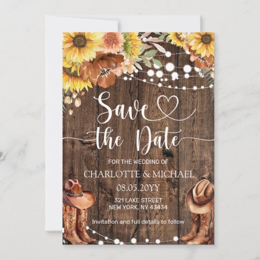 Rustic Western Sunflower Save the Date Wedding 招待状 (正面)