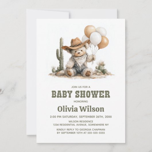 Rustic Western Teddy Bear Baby Shower Invitation 招待状 (正面)