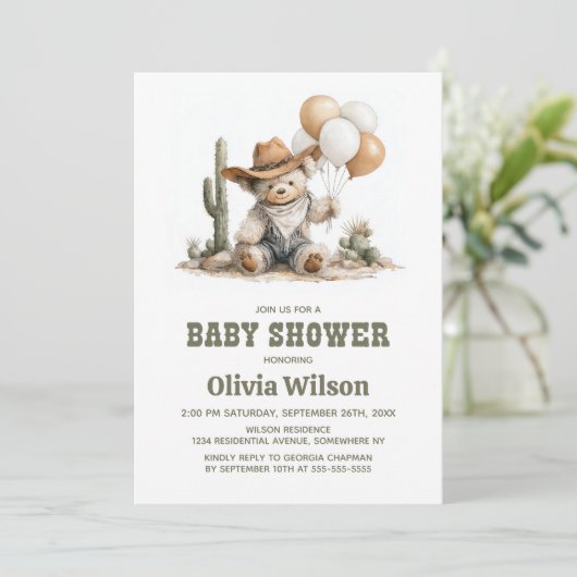 Rustic Western Teddy Bear Baby Shower Invitation 招待状 (スタンド正面)