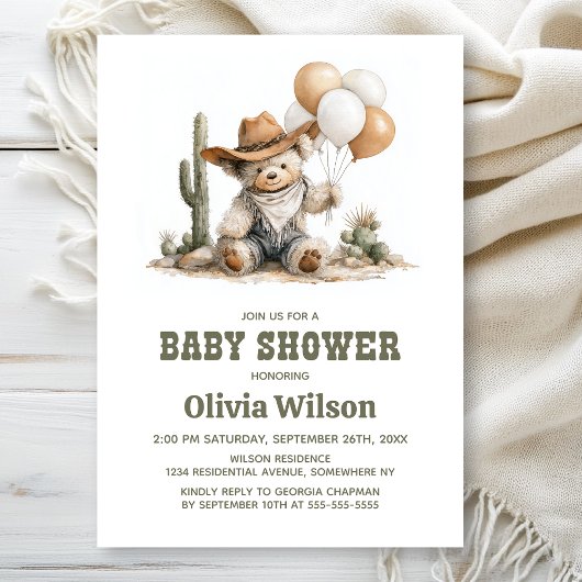 Rustic Western Teddy Bear Baby Shower Invitation 招待状