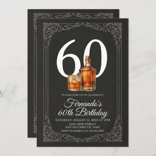 Rustic Whiskey Black & Gold Elegant Men's Birthday 招待状 (正面/裏面)