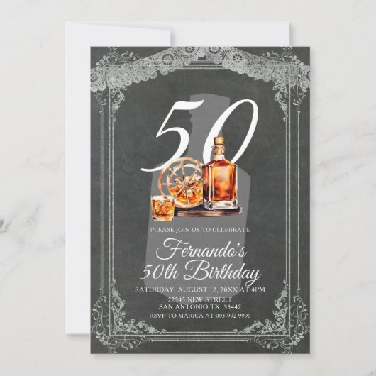 Rustic Whiskey Bottle 50th Adult Birthday 招待状 (正面)