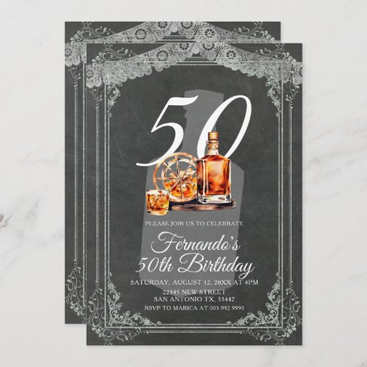 Rustic Whiskey Bottle 50th Adult Birthday 招待状 (正面/裏面)