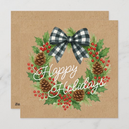 Rustic White And Black Checkered Bow Holiday Card シーズンカード (正面/裏面)