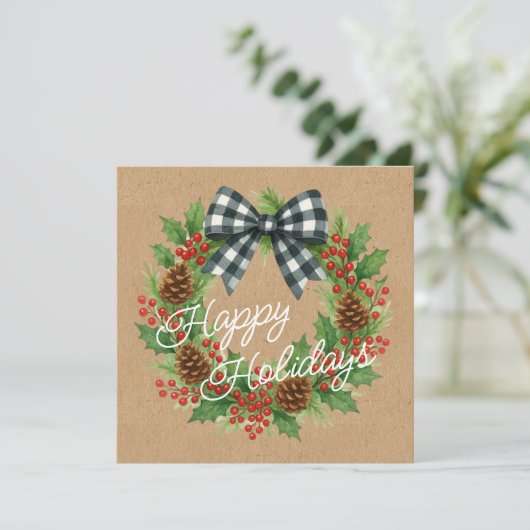 Rustic White And Black Checkered Bow Holiday Card シーズンカード (スタンド正面)