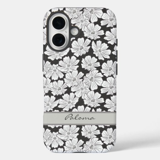 Rustic White Flowers Sketch Black Gray Custom Name Case-Mate iPhoneケース (裏面)