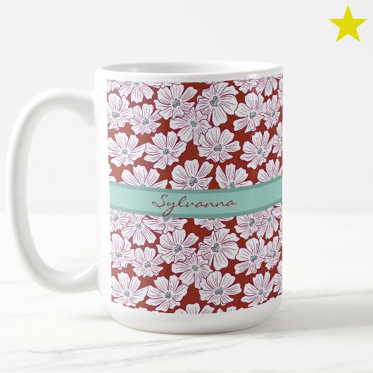 Rustic White Flowers Sketch Red Teal Custom Name コーヒーマグカップ