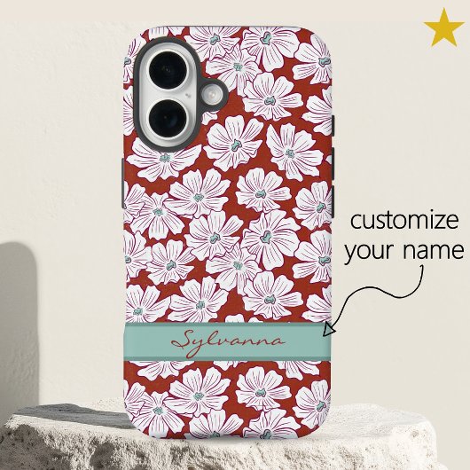 Rustic White Flowers Sketch Red Teal Custom Name Case-Mate iPhoneケース