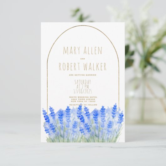 Rustic white gold lavender blue floral wedding 招待状 (スタンド正面)