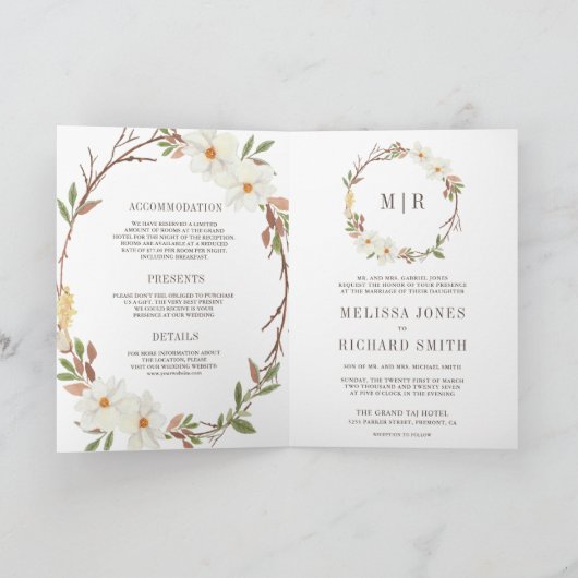 Rustic White Magnolia Floral QR Code Wedding 招待状 (内部)