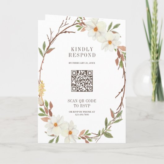 Rustic White Magnolia Floral QR Code Wedding 招待状 (裏面)