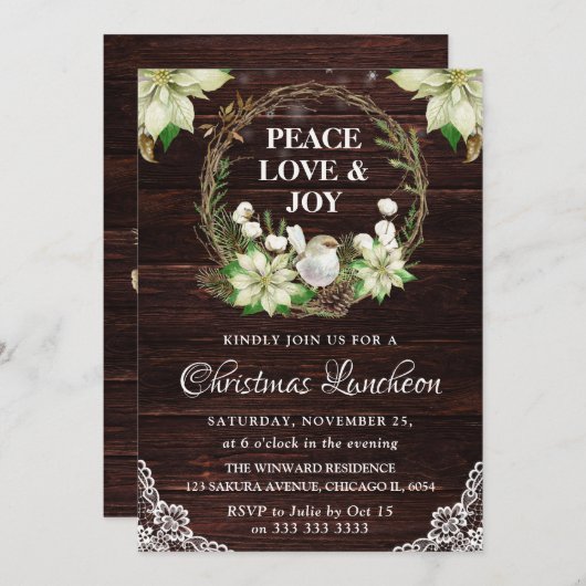 Rustic White Poinsettia and Robin Christmas 招待状 (正面/裏面)