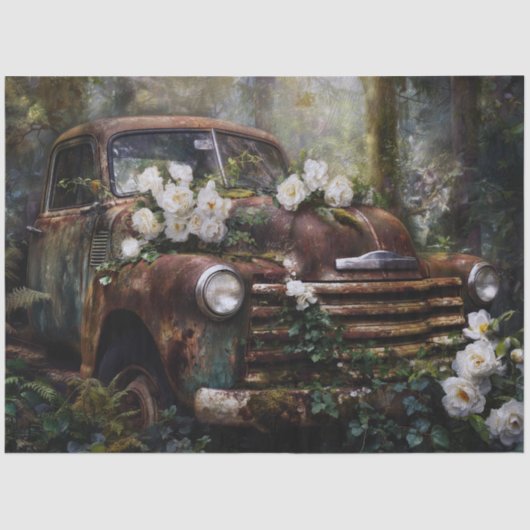 Rustic White Rose Truck Decoupage 薄葉紙 (正面)