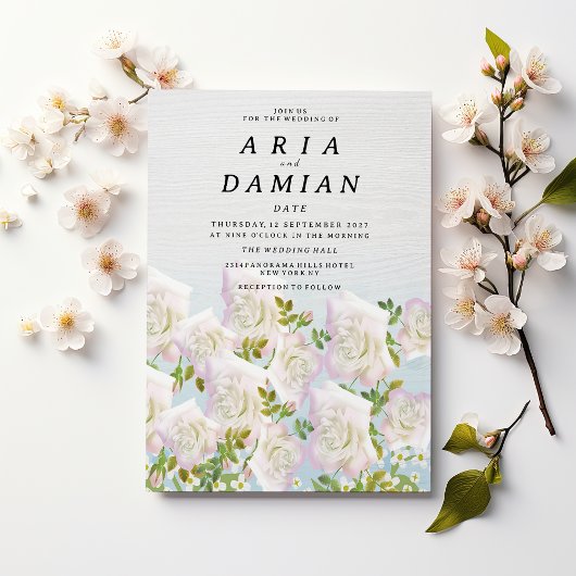 Rustic white wood pink mint roses Wedding 招待状