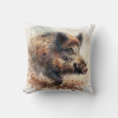 Rustic Wild Boar Watercolor Throw Pillow クッション (正面)