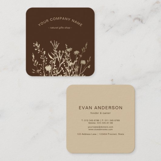 Rustic Wild Flowers Earthy Floral Sketches Logo スクエア名刺 (正面/裏面)