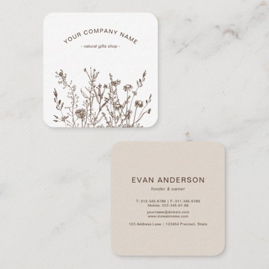 Rustic Wild Flowers Earthy Floral Sketches Logo スクエア名刺 (正面/裏面)