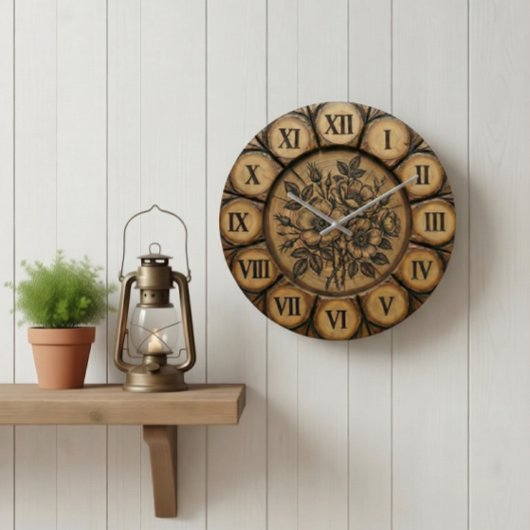 Rustic Wild Rose Wall Clock | Wood-Look Farmhouse  ラージ壁時計
