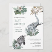 Rustic Wild Safari Zebra and Elephant Baby Shower 招待状 (正面)
