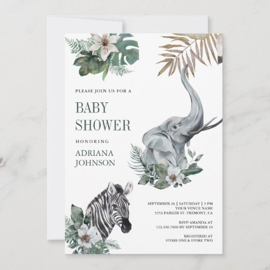 Rustic Wild Safari Zebra and Elephant Baby Shower 招待状 (正面)