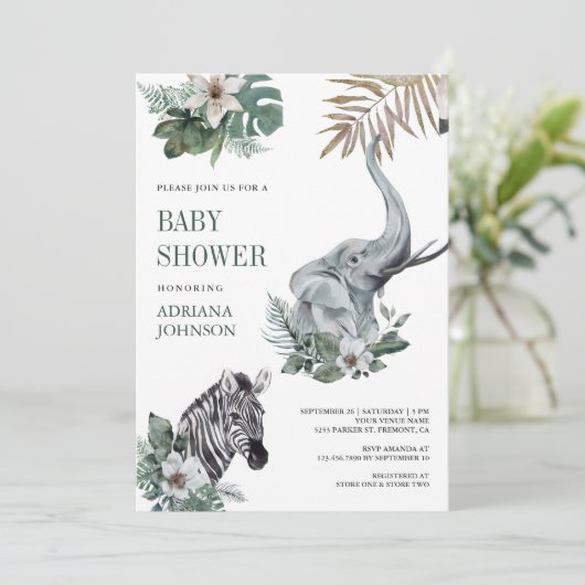 Rustic Wild Safari Zebra and Elephant Baby Shower 招待状 (スタンド正面)