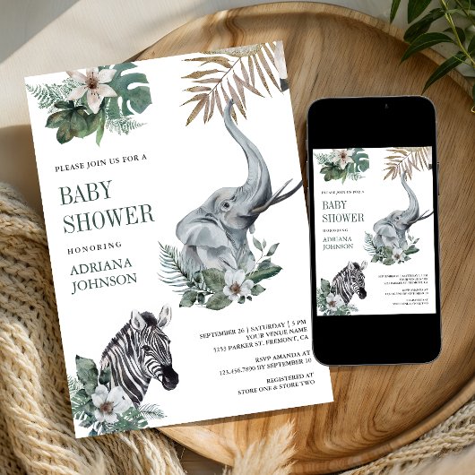 Rustic Wild Safari Zebra and Elephant Baby Shower 招待状