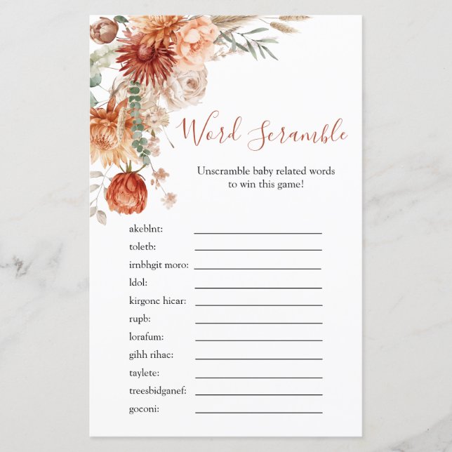 Rustic Wildflower Baby Shower Word Scramble Game (正面)
