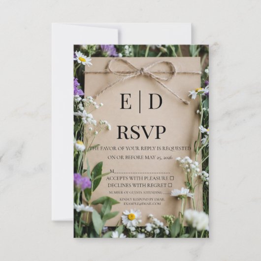 Rustic Wildflower Botanical Kraft Paper Wedding 出欠カード (正面)