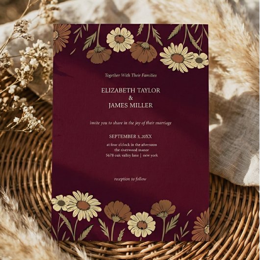 Rustic Wildflower Burgundy Floral Wedding 招待状