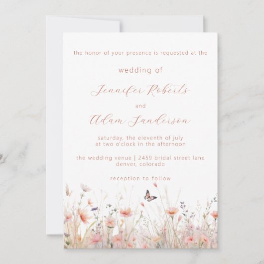 Rustic Wildflower Dusty Pink Meadow Wedding 招待状 (正面)