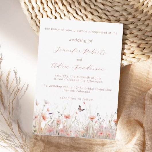 Rustic Wildflower Dusty Pink Meadow Wedding 招待状