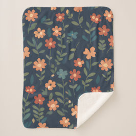Rustic Wildflower Field Navy Blue Pattern シェルパブランケット