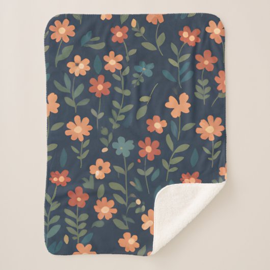Rustic Wildflower Field Navy Blue Pattern シェルパブランケット (正面)