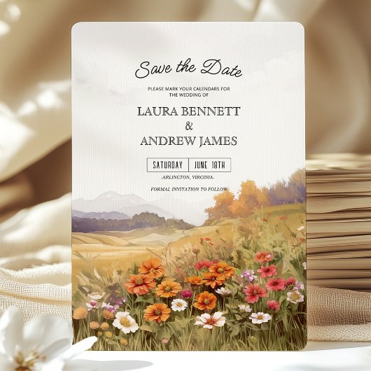 Rustic Wildflower Landscape Save the Date 招待状