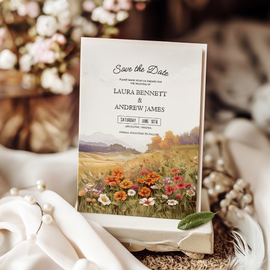 Rustic Wildflower Landscape Save the Date 招待状