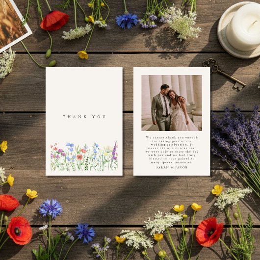 Rustic Wildflower Meadow Wedding Photo サンキューカード